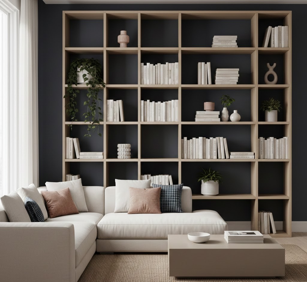 Modern living room with styled shelves