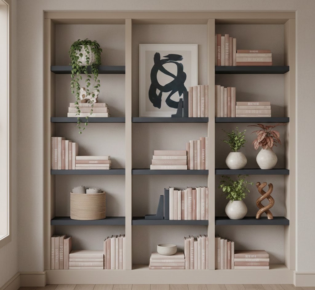 Stylish bookshelf with plants and art