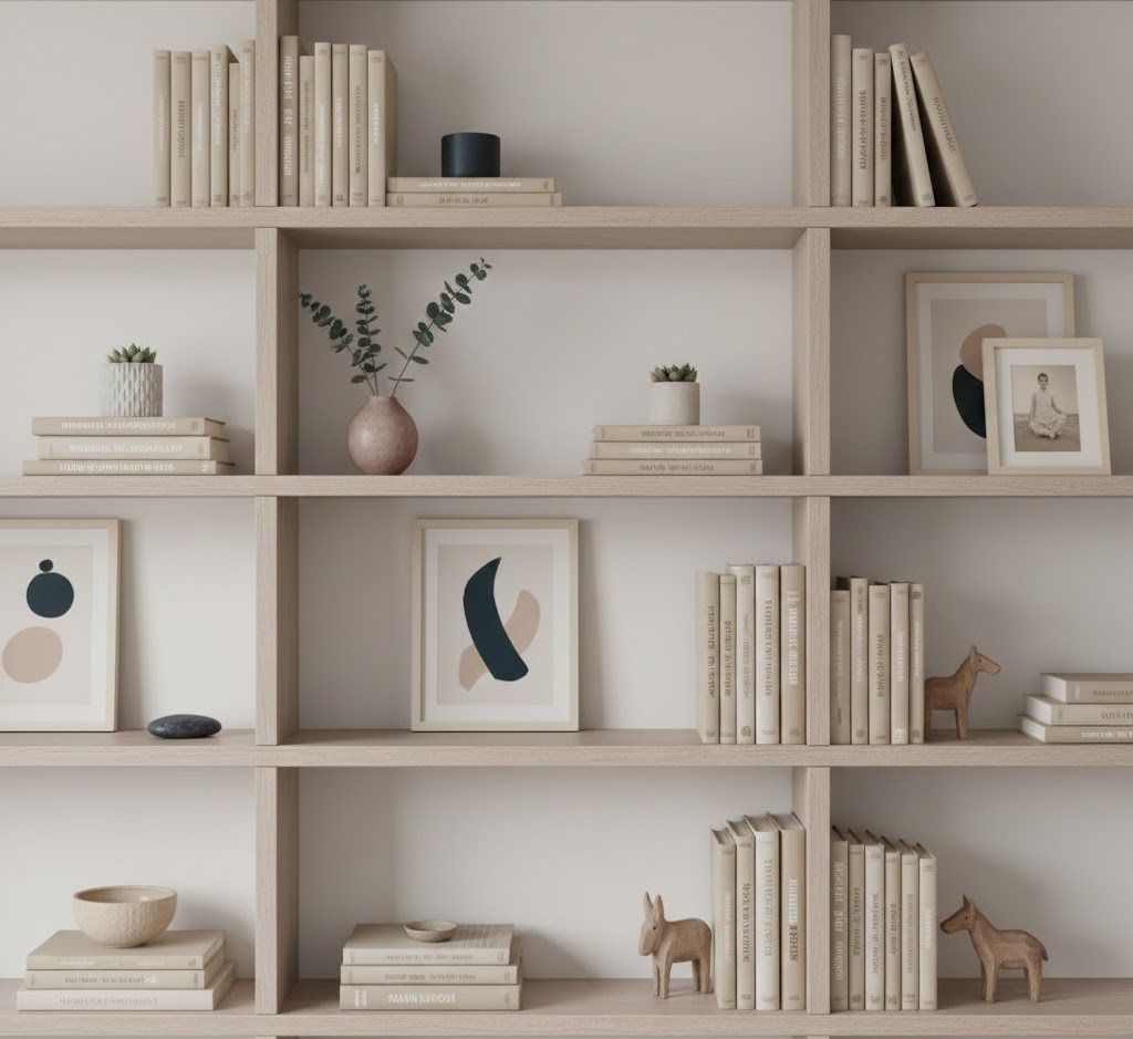 Bookshelf with art, plants, and memorabilia