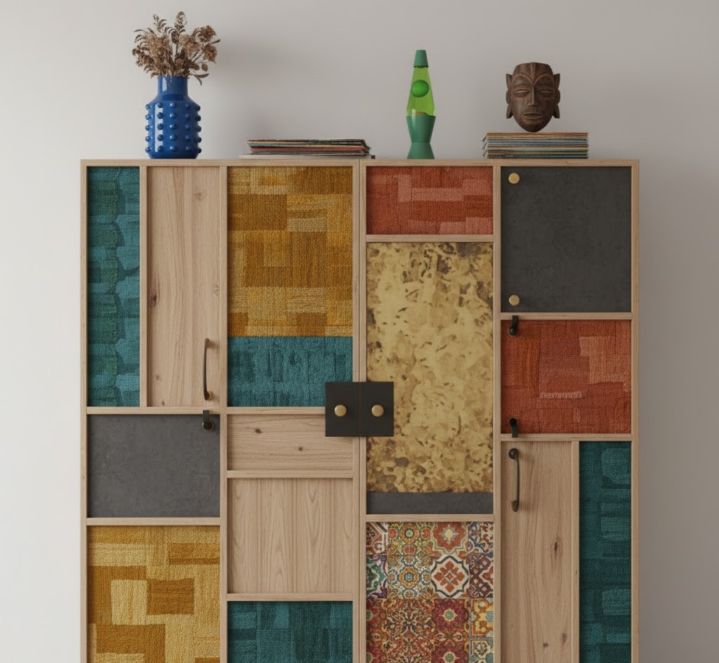 Vibrant cabinet with varied textures