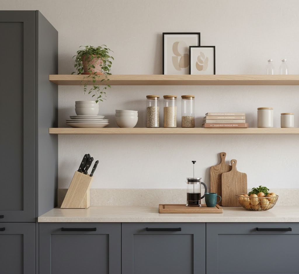Kitchen cabinet with styled items
