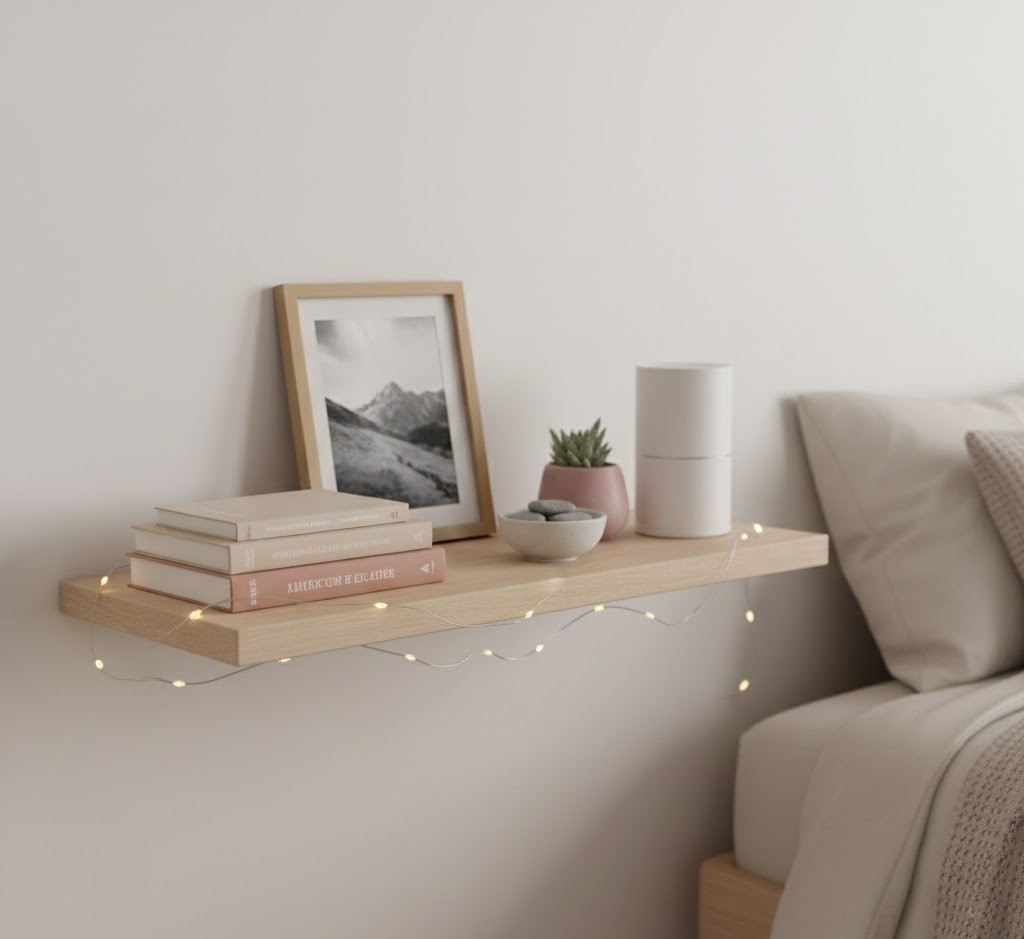 Bedroom shelf with personal items