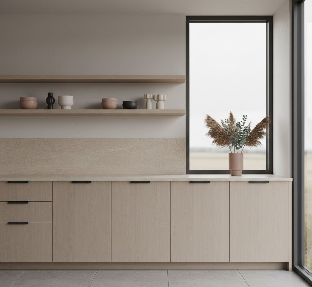 Simple cabinet arrangement with neutral tones