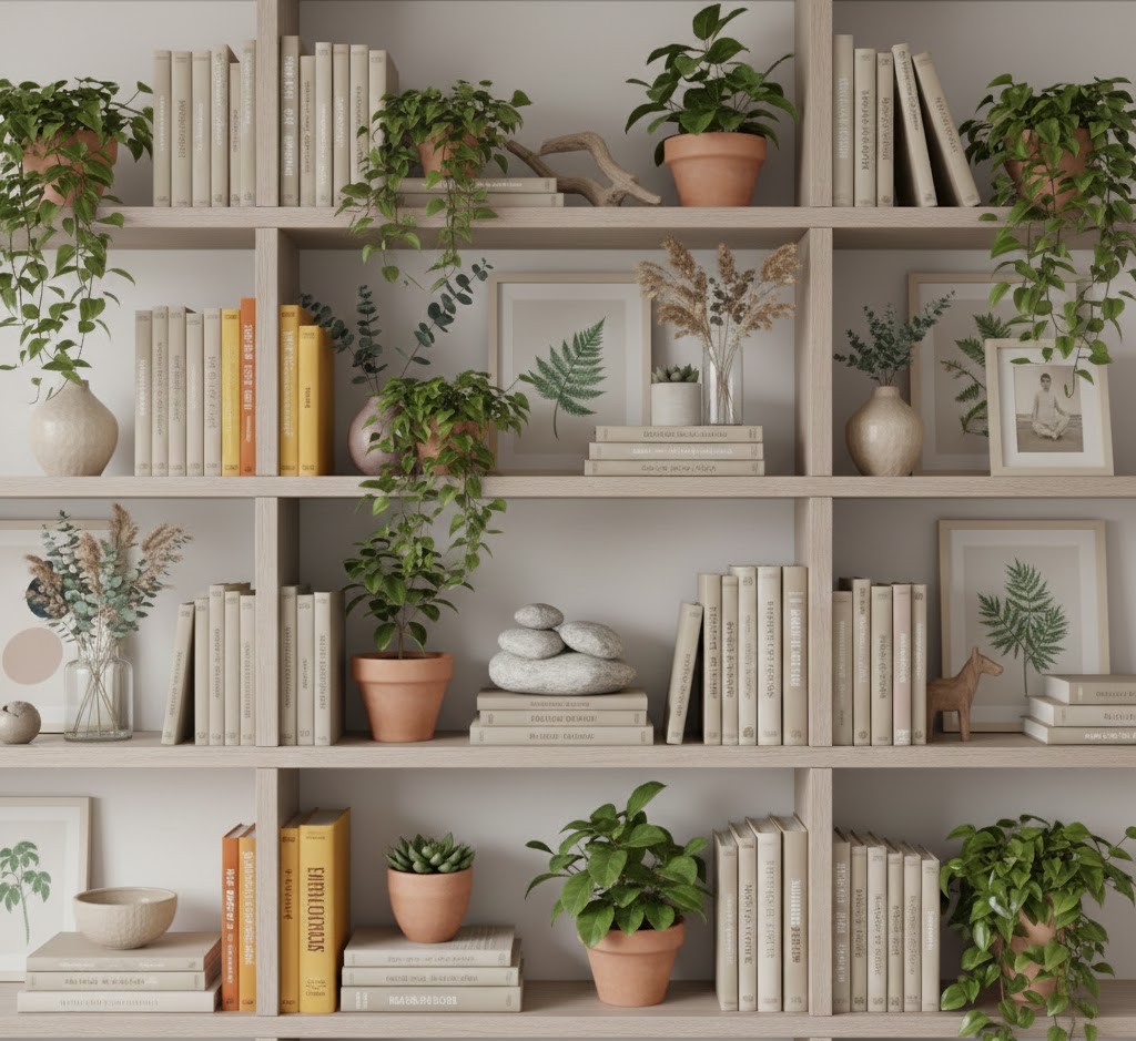 Shelf with plants and natural elements